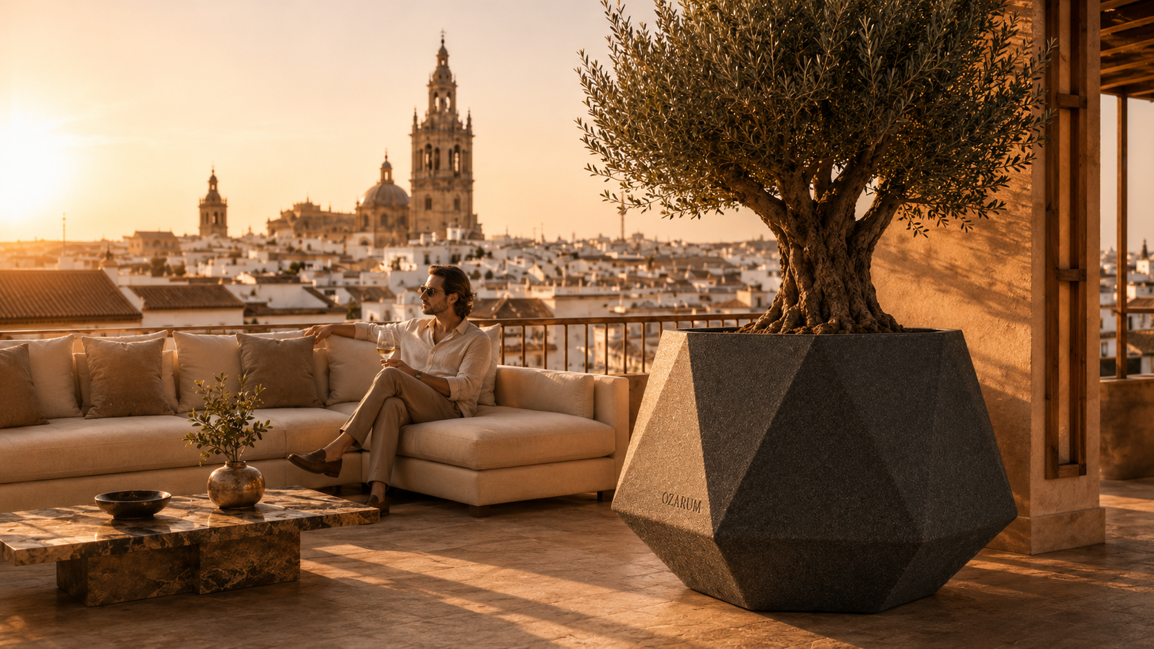 Macetero Diamond OZARUM en terraza con vistas a la catedral al atardecer
